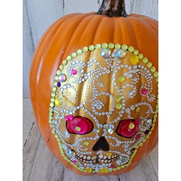 Gold sugar skull pumpkin beaded jack-o'-lantern unique prop Halloween deco - Picture 2 of 8